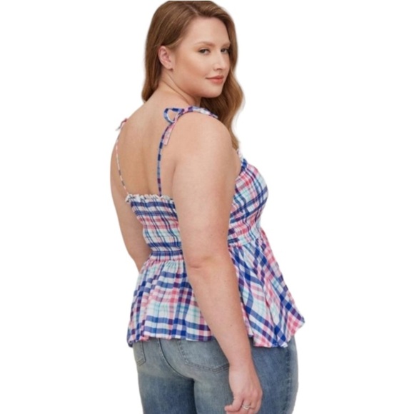 Torrid Peplum Smocked Bodice Crinkle Gauze Cami Plaid White 4X NWT - Picture 2 of 12